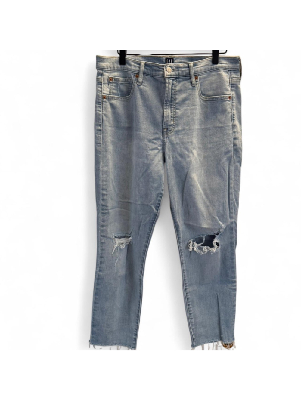 Gap light blue denim high rise straight leg distressed jeans with frayed hem